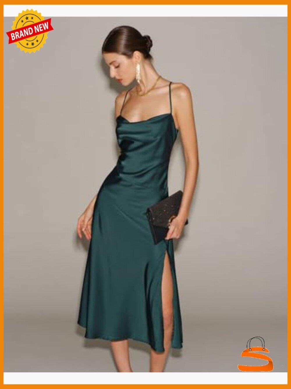 Satin Cowl Neck Midi Dress with Slit - Elegant Formal Guest Dress - Picture 3 of 6